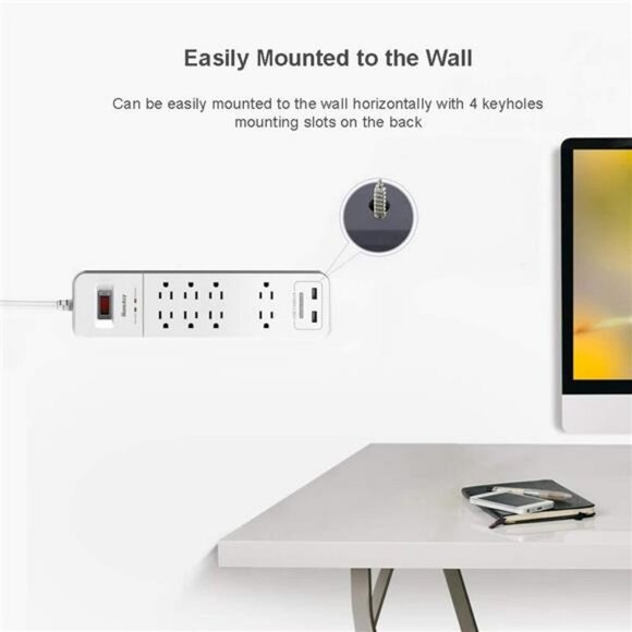 8 Outlets Power Strip Surge Protector, 2 USB Ports Powerstrip 6-Foot - Picture 3 of 7